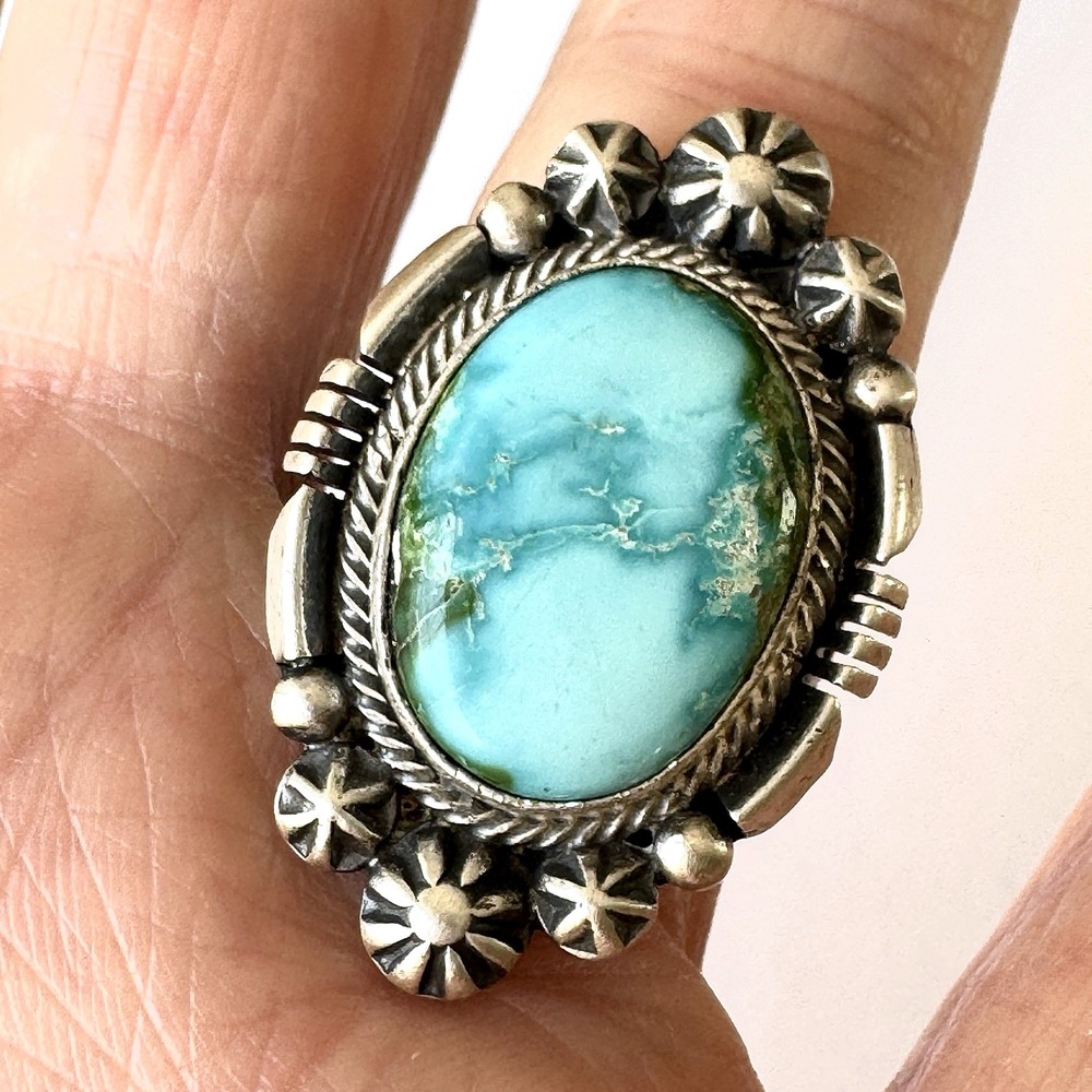 Navajo Turquoise Ring Sz 7 Sonoran Gold Sterling Benally Native American Stars